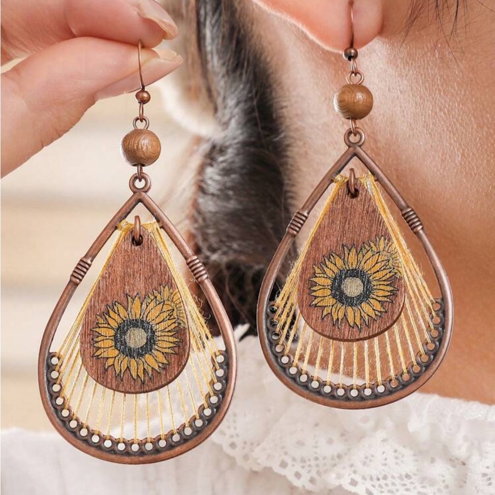 Sunflower‎ Wooden Teardrop Earrings